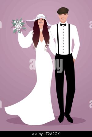 Jeune couple de jeunes mariés portant des vêtements de mariage. Style hippie chapeau à large pour elle et beret, bretelles et chapeau pour lui. Illustration de Vecteur