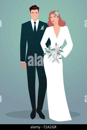 Jeune couple de jeunes mariés portant des vêtements de mariage. Style rétro. Le marié élégant et magnifique aux cheveux rouge bride holding bouquet de mariée. Illustration de Vecteur