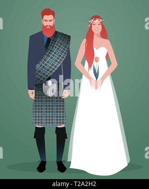 Jeune couple de jeunes mariés portant des vêtements de mariage. Style écossais. Barbe rousse groom élégant et porter des vêtements traditionnels écossais et beautifu Illustration de Vecteur