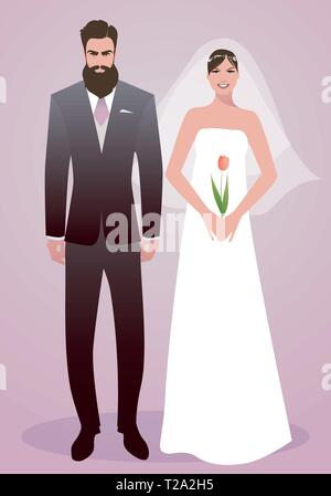 Jeune couple de jeunes mariés portant des vêtements de mariage. Barbu élégant groom et belle mariée avec voile holding d'une tulipe Illustration de Vecteur