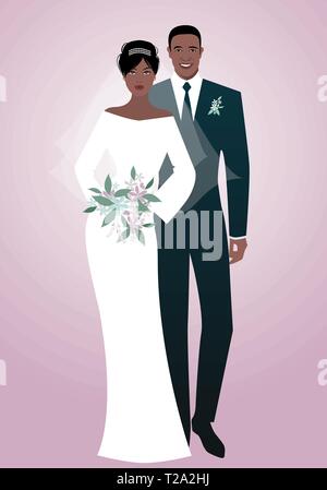 Jeune couple de nouveaux mariés afro portant des vêtements de mariage. Marié d'élégant costume et cravate et belle mariée avec voile tenant un bouquet de fleurs Illustration de Vecteur