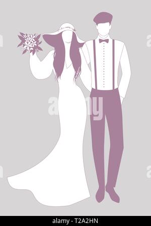 Silhouettes de jeunes mariés couple portant des vêtements de mariage. Chapeau à large bord pour elle et beret, bretelles et chapeau pour lui. Illustration de Vecteur