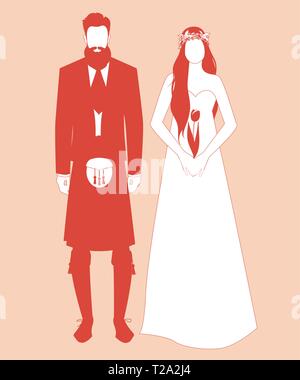 Silhouettes de jeunes mariés couple portant des vêtements de mariage de style écossais. Barbe rousse groom élégant et porter des vêtements traditionnels écossais et bea Illustration de Vecteur