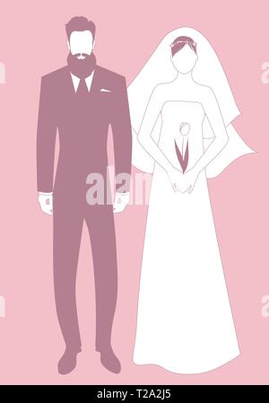 Silhouettes de jeunes mariés couple portant des vêtements de mariage. Barbu élégant groom et belle mariée avec voile holding d'une tulipe Illustration de Vecteur
