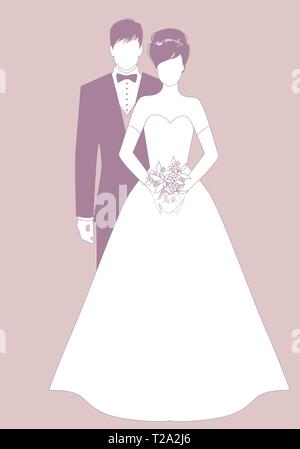 Silhouettes de jeunes mariés couple portant des vêtements de mariage. Style classique. Le marié élégant et magnifique bride holding bouquet de mariée. Illustration de Vecteur