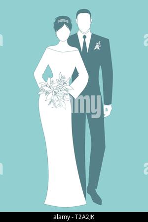 Silhouettes de jeunes mariés couple portant des vêtements de mariage. Style classique. Le marié élégant et magnifique bride holding bouquet de mariée. Illustration de Vecteur