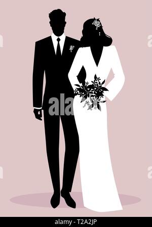 Silhouettes de jeunes mariés couple portant des vêtements de mariage. Style classique. Le marié élégant et magnifique bride holding bouquet de mariée. Illustration de Vecteur