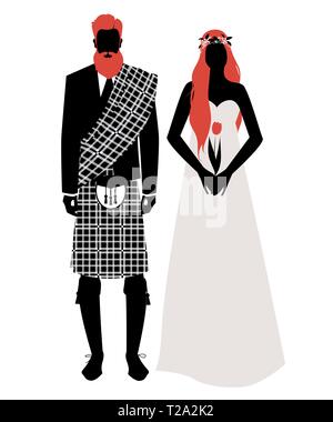 Silhouettes de jeunes mariés couple portant des vêtements de mariage de style écossais. Barbe rousse groom élégant et porter des vêtements traditionnels écossais et bea Illustration de Vecteur
