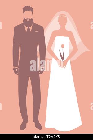 Silhouettes de jeunes mariés couple portant des vêtements de mariage. Barbu élégant groom et belle mariée avec voile holding d'une tulipe Illustration de Vecteur