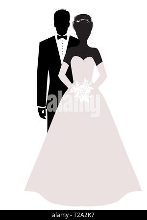 Silhouettes de jeunes mariés couple portant des vêtements de mariage. Style classique. Le marié élégant et magnifique bride holding bouquet de mariée. Illustration de Vecteur
