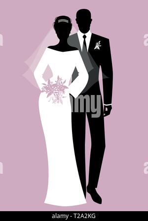 Silhouettes de jeunes mariés couple portant des vêtements de mariage. Style classique. Le marié élégant et magnifique bride holding bouquet de mariée. Illustration de Vecteur