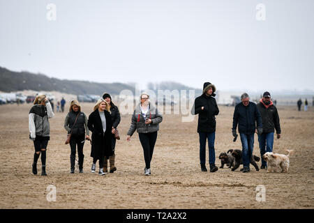 Les gens à pied leurs chiens sur la plage à Weston-super-Mare. Banque D'Images