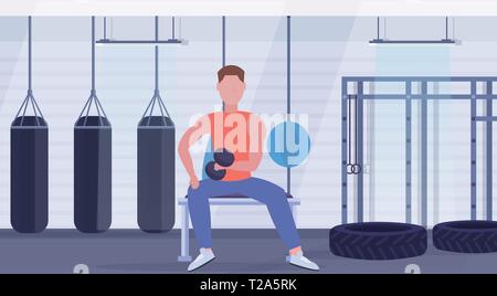 L'homme sportif faisant des exercices avec haltère guy musculaire assis sur un banc d'entraînement de biceps en formation concept sport avec des sacs de frappe moderne Club santé Illustration de Vecteur