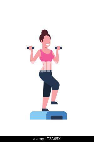 Sporty woman holding dumbbells faisant accroupi sur l'étape de la formation en salle de sport fille plate-forme d'entraînement aérobie de vie sain concept télévision fond blanc Illustration de Vecteur