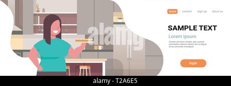 Obèses fat woman holding sandwich overweight girl eating fast food vie malsain concept cuisine moderne portrait intérieur copie espace horizontal Illustration de Vecteur