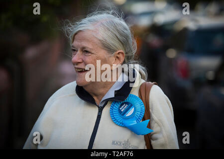 Ancien ministre du gouvernement conservateur et député de Anne Widdecombe, campagne en Hoylake pendant la campagne électorale de 2015. La ville était située dans la circonscription Ouest Wirral, tenue par le ministre d'État à l'emploi, Esther McVey pour le parti conservateur. Le siège était un élément marginal et a été une lutte entre McVey et son challenger du parti travailliste Margaret Greenwood. Banque D'Images