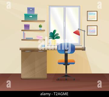 Chaise de bureau, bureau, divers objets sur la table. En l'espace de style plat. Vector illustration Illustration de Vecteur