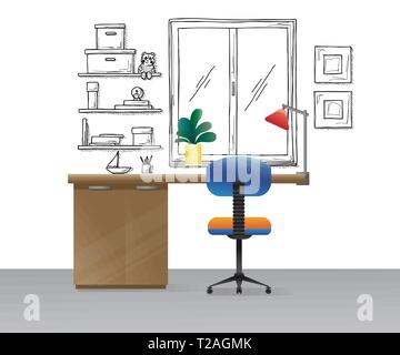 Chaise de bureau, bureau, divers objets sur la table. En l'espace de style plat. Vector illustration Illustration de Vecteur