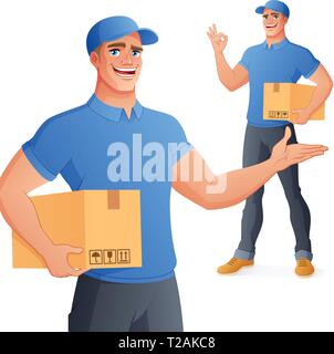 Service de livraison de courrier man holding box montrant OK. Vector illustration. Illustration de Vecteur