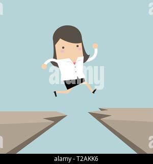 Businesswoman sauter à travers l'écart d'une falaise à l'autre. Illustration de Vecteur