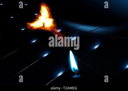 Résumé Domaine de l'énergie avec une bougie qui a cyan un champ d'énergie en forme d'un pigeon s'en sortir dans un contexte thème sombre avec un brig Banque D'Images