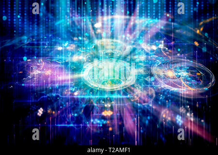 Série des particules élémentaires. Interaction des formes fractales abstraites sur l'objet de la physique nucléaire, la science et la conception graphique. Banque D'Images