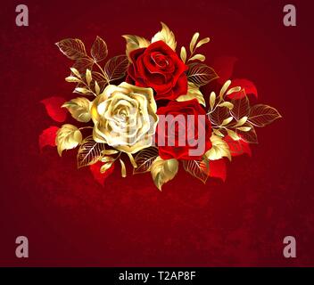 La composition de deux roses rouges peintes artistiquement et une rose d'or, décorés avec de l'or, jewel feuilles sur fond texturé. Illustration de Vecteur