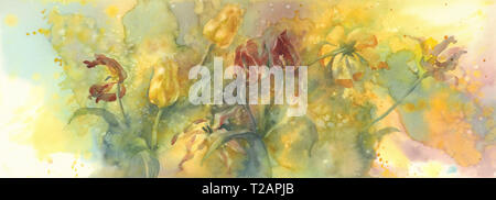 Faire saisir les tulipes jaunes et rouges, mourant contexte aquarelle fleurs illustration Banque D'Images