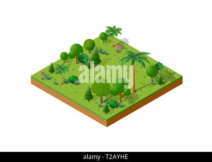 Jeu 3D isométrique parc avec arbres d'une ville à trois dimensions Illustration de Vecteur