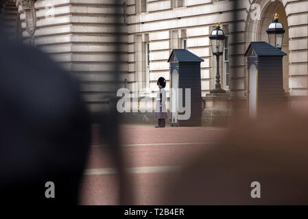 Londres, Royaume-Uni - 22 mars 2019 : La Garde royale marchant pendant le défilé à la cérémonie de la relève de la garde au Palais de Buckingham Banque D'Images