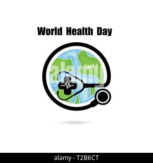 Globe signe et stéthoscope logo vector design.la Journée mondiale de la Santé Journée mondiale de la Santé de l'icône.idée concept de campagne pour carte de vœux et d'affiches.Vecto Illustration de Vecteur