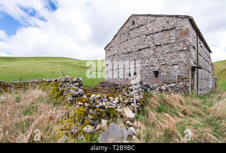 Un très vieux bâtiment traditionnel en pierre et l'affichage d'une grande fissure s'assoit à côté de grands champs d'herbe pour les moutons paissant dans le Peak District, en Banque D'Images