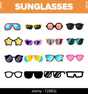 Icon Set Lunettes de vecteur. Plage d'Icônes lunettes Silhouette. L'usure de l'élégance. La protection contre le soleil. Ligne, télévision Illustration Illustration de Vecteur