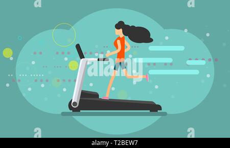 Fille courir sur tapis roulant télévision couleur mode bannière style. Vector illustration. Illustration de Vecteur