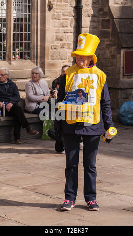 Une femme vêtue d'un bénévole pour la tenue jaune jonquille Marie Curie Appel à Durham, Angleterre, Royaume-Uni, la collecte pour l'organisme de bienfaisance Banque D'Images