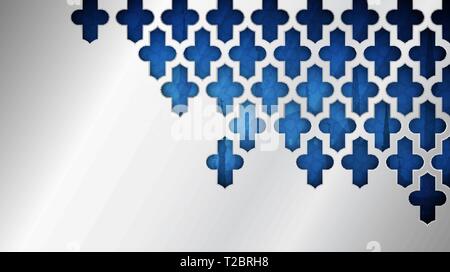 Eid Mubarak, affiche ou bannière conception de cartes de vœux. Background d'argent avec silhouette et mosquée islamique ornement géométrique Illustration de Vecteur