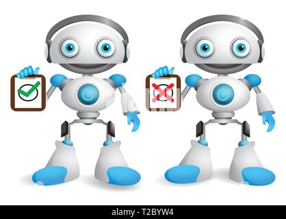 Jeu de caractères vecteur du robot. Friendly android robotique holding white board avec signe signes différents isolés en blanc. Vector illustration pour présenter Illustration de Vecteur