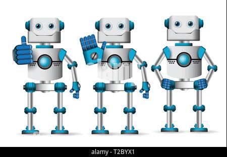 Jeu de caractères vecteur Robot standing avec différents gestes de la main comme d'approuver et d'arrêt isolé en fond blanc. Mascotte Cyborg vecteur élément Illustration de Vecteur