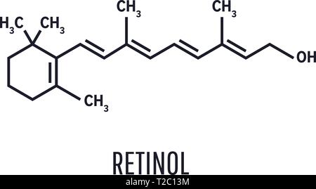 La Vitamine A rétinol molécule. Formule topologique du rétinol, la vitamine A. .indispensable à la vision et la croissance osseuse, la santé des cheveux et de la peau Illustration de Vecteur