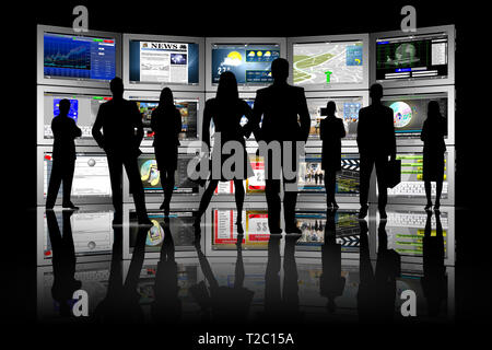 3D illustration. Groupe de personnes en face de série de comprimés avec diverses applications. Banque D'Images