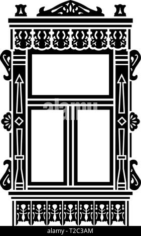 Détail de la maison traditionnelle en bois. Chambranle de fenêtre sculpté. Vector illustration. Silhouette noire. Illustration de Vecteur