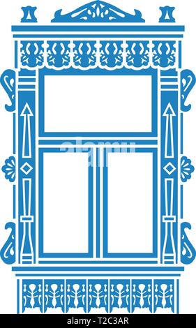 Détail de la maison traditionnelle en bois. Chambranle de fenêtre sculpté. Vector illustration. Silhouette de couleur. Illustration de Vecteur