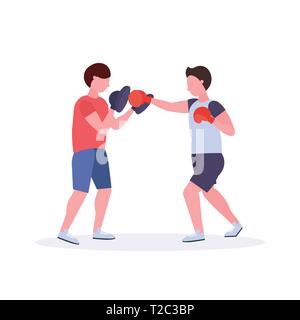 Deux boxeurs hommes exerçant dans des gants de boxe thai rouge couple pompiers pratiquant à la fight club healthy lifestyle concept télévision fond blanc Illustration de Vecteur