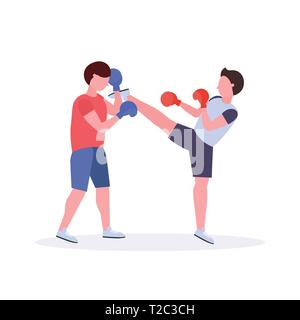 Deux boxeurs hommes exerçant dans des gants de boxe thai rouge couple pompiers pratiquant à la fight club healthy lifestyle concept télévision fond blanc Illustration de Vecteur