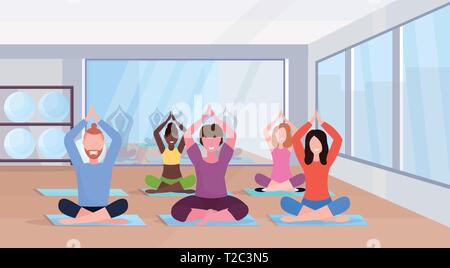 Les sportifs assis lotus poser faisant les exercices de yoga mix hommes femmes travaillant hors concept de vie saine remise en forme Salle de sport moderne sur toute la longueur de l'intérieur Illustration de Vecteur