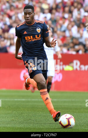 Séville, 31-03-2019. Primera Division Ligue espagnole. LaLiga. L'Estadio Ramon Sanchez-Pizjuan. Geoffrey Kondogbia (Valence CF) durant le jeu Sevilla FC - Valencia CF. Banque D'Images