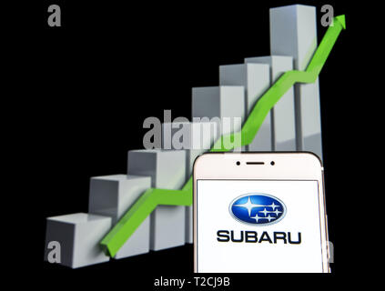 10 février 2019 - Hong Kong - Sur cette photo, l'illustration d'un constructeur automobile japonais Subaru logo est vu sur un appareil mobile Android courbe de croissance avec une montée à l'arrière-plan. (Crédit Image : © Budrul Chukrut/SOPA des images à l'aide de Zuma sur le fil) Banque D'Images