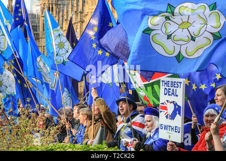 Westminster, London, UK, 1er avril 2019. Anti-Brexit manifestants, dont un groupe de Yorkshire avec drapeaux bleus intégrant les Yorkshire Rose, se rassemblent et chantent à l'extérieur du Parlement et à proximité de la zone de presse sur College Green à Westminster, à la veille de plus de vote sur Brexit. Credit : Imageplotter/Alamy Live News Banque D'Images