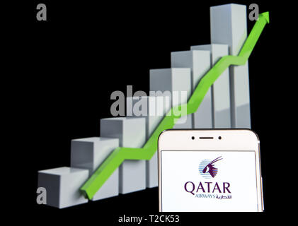 Hong Kong. 12 Février, 2019. Sur cette photo, l'illustration d'une compagnie nationale du Qatar, Qatar Airways, le logo est vu sur un appareil mobile Android courbe de croissance avec une montée à l'arrière-plan. Budrul Chukrut Crédit : SOPA/Images/ZUMA/Alamy Fil Live News Banque D'Images