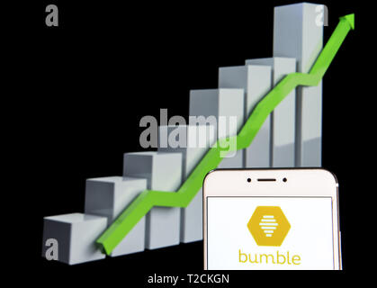 Hong Kong. Feb 11, 2019. Sur cette photo, une illustration de l'application de rencontres sociales et de Bumble logo est vu sur un appareil mobile Android courbe de croissance avec une montée à l'arrière-plan. Budrul Chukrut Crédit : SOPA/Images/ZUMA/Alamy Fil Live News Banque D'Images